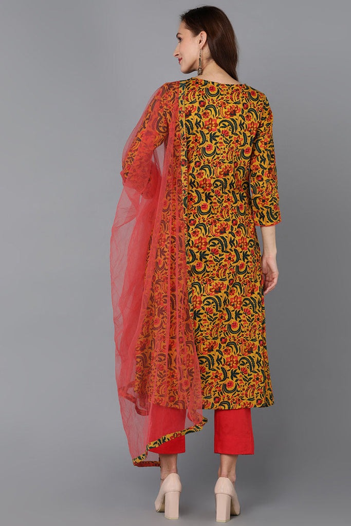 Mustard Pure Cotton Floral A-Line Kurta Pant With Dupatta