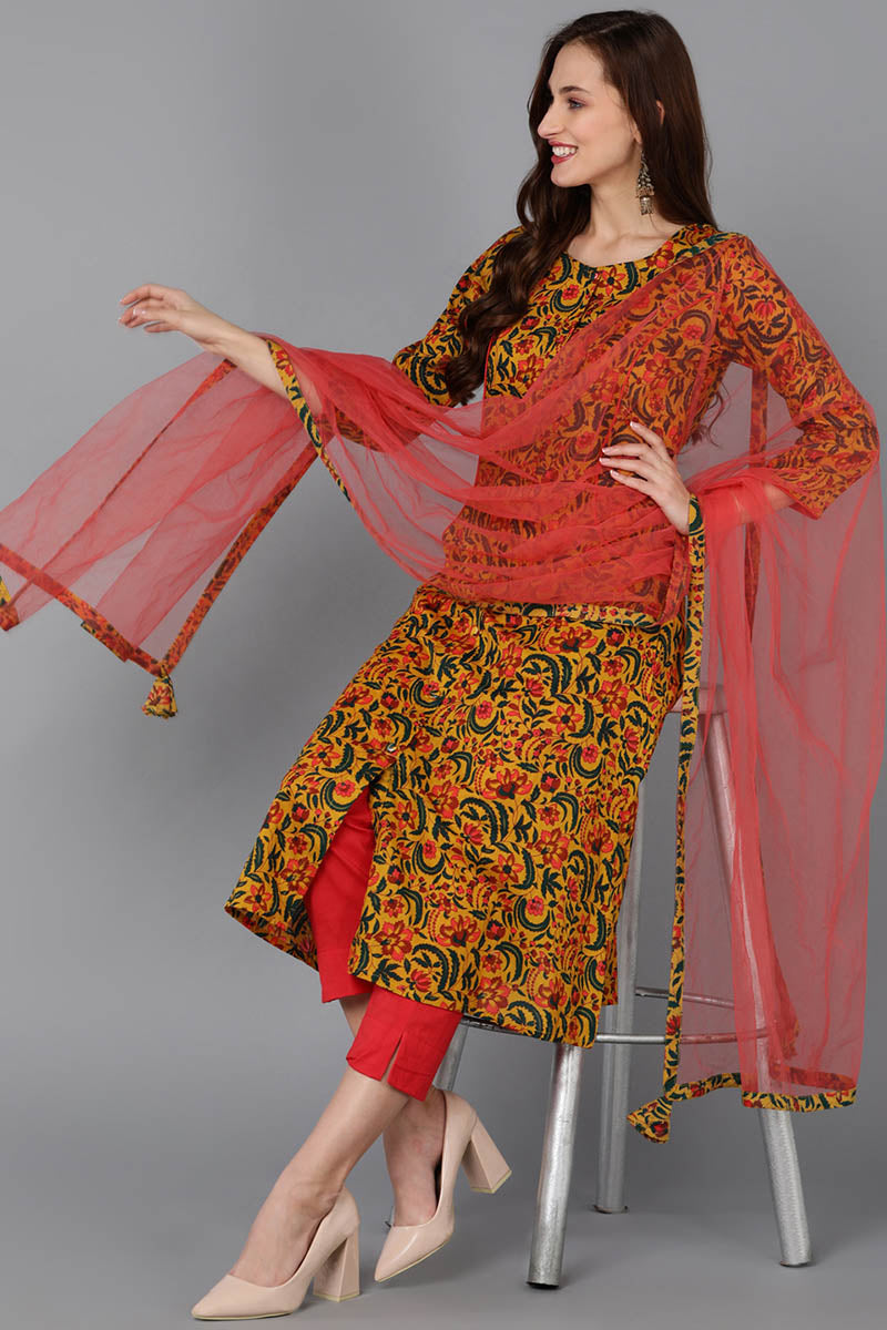 Mustard Pure Cotton Floral A-Line Kurta Pant With Dupatta