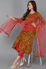 Mustard Pure Cotton Floral A-Line Kurta Pant With Dupatta