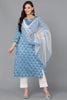 Blue Pure Cotton Floral Straight Kurta Pant With Dupatta