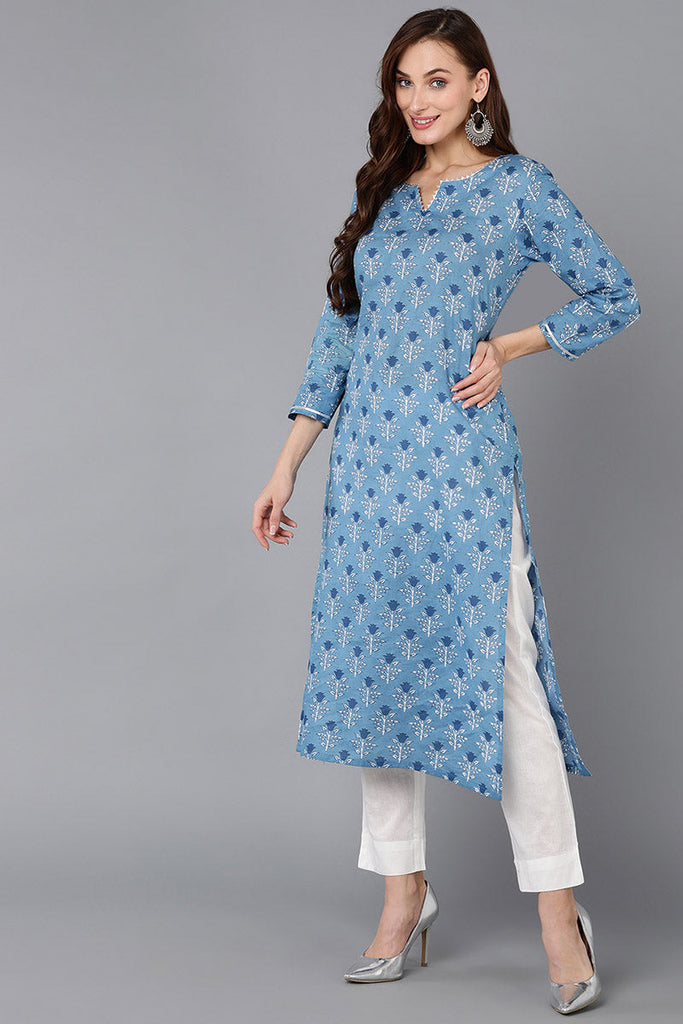 Blue Pure Cotton Floral Straight Kurta Pant With Dupatta