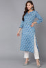 Blue Pure Cotton Floral Straight Kurta Pant With Dupatta