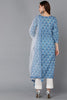 Blue Pure Cotton Floral Straight Kurta Pant With Dupatta