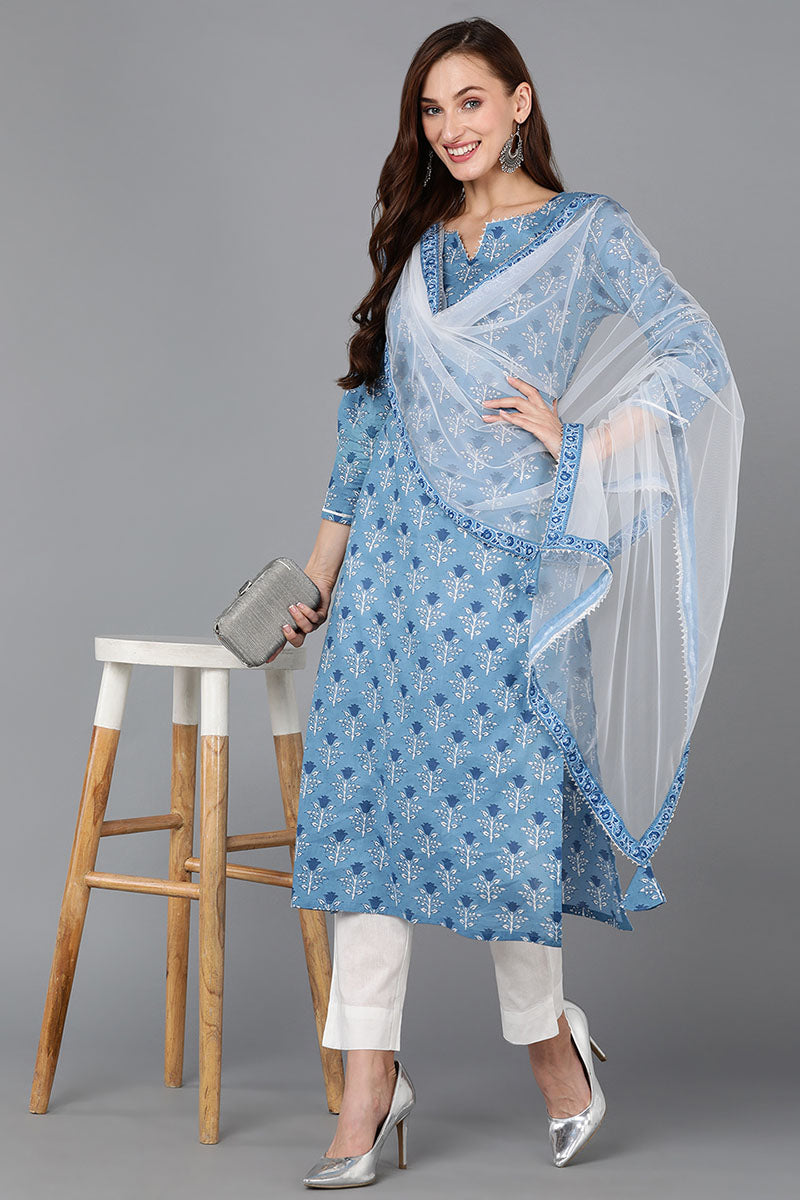 Blue Pure Cotton Floral Straight Kurta Pant With Dupatta