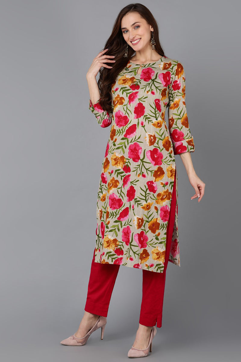 Grey Rayon Blend Floral Straight Kurta Pant With Dupatta VKSKD1730