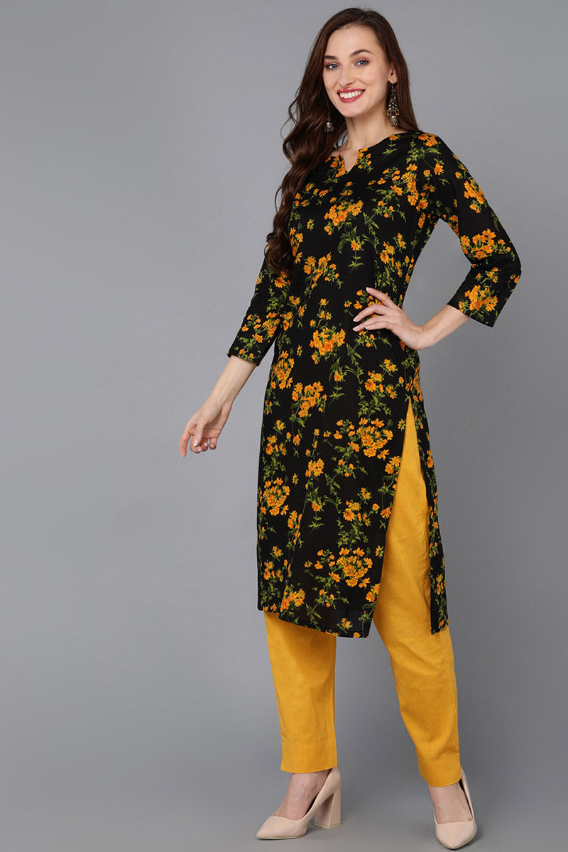 Black Pure Cotton Floral Straight Kurta Pant With Dupatta