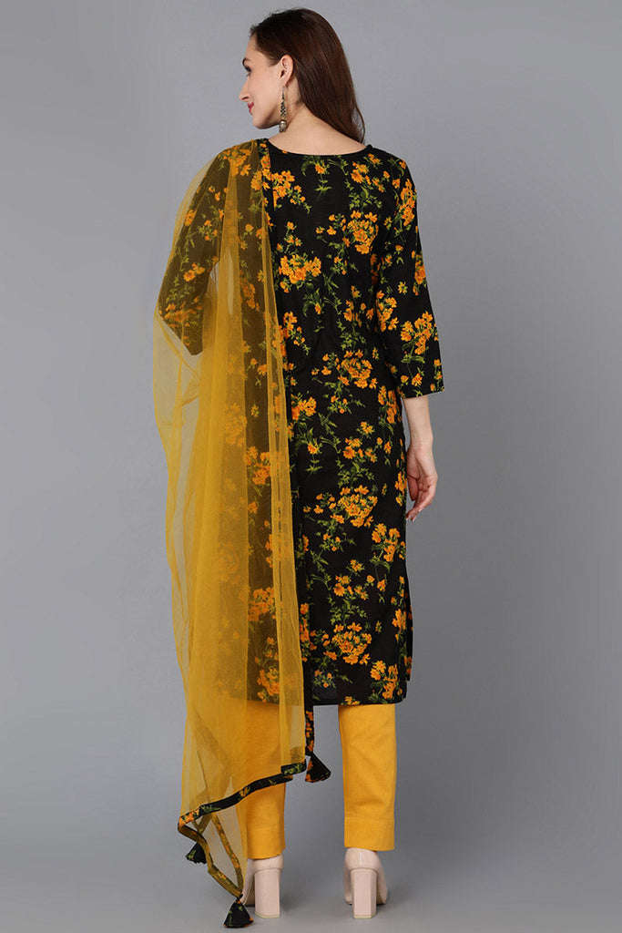 Black Pure Cotton Floral Straight Kurta Pant With Dupatta