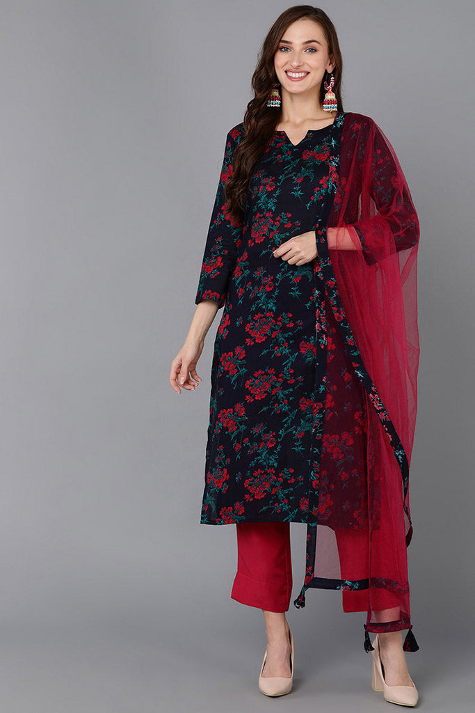 Navy Blue Pure Cotton Floral Straight Kurta Pant With Dupatta