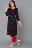 Navy Blue Pure Cotton Floral Straight Kurta Pant With Dupatta