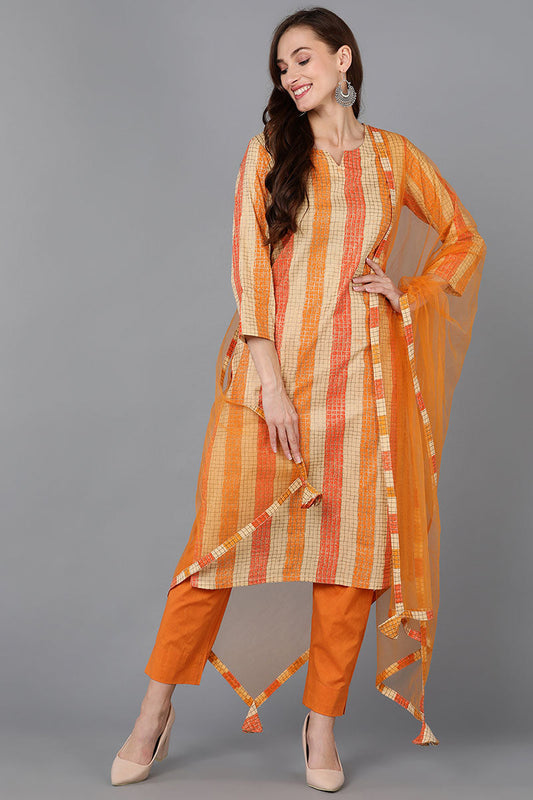 Beige Pure Cotton Checks Straight Kurta Pant With Dupatta