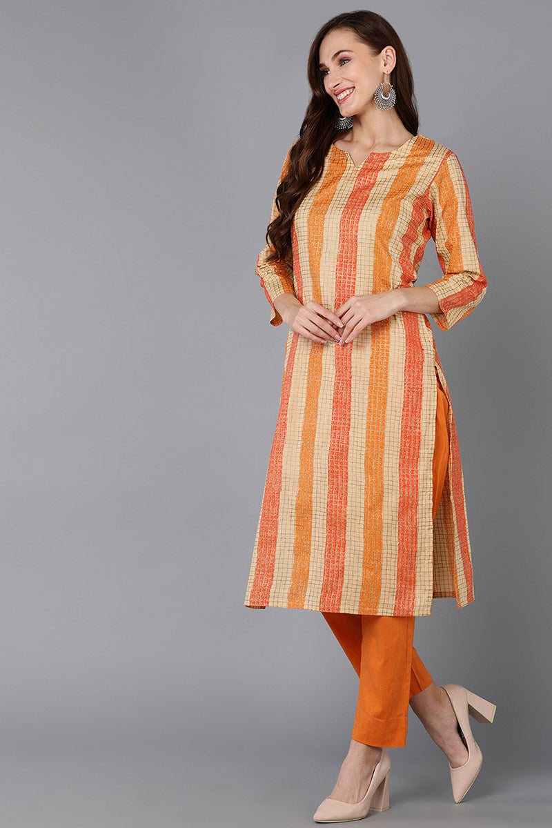 Beige Pure Cotton Checks Straight Kurta Pant With Dupatta