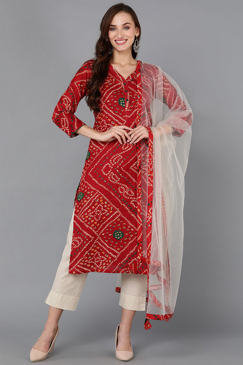 Red Pure Cotton Bandhani Straight Kurta Pant With Dupatta 