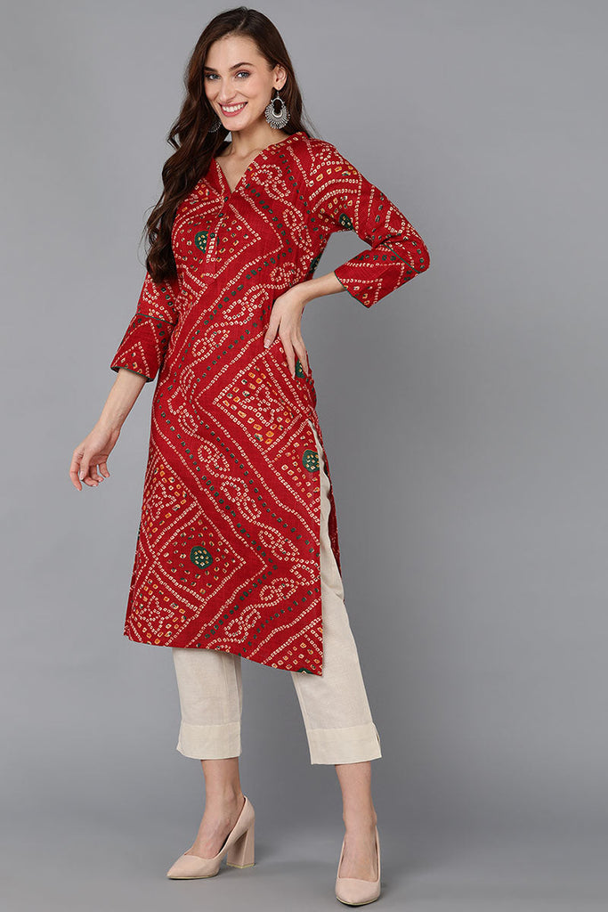 Red Pure Cotton Bandhani Straight Kurta Pant With Dupatta 