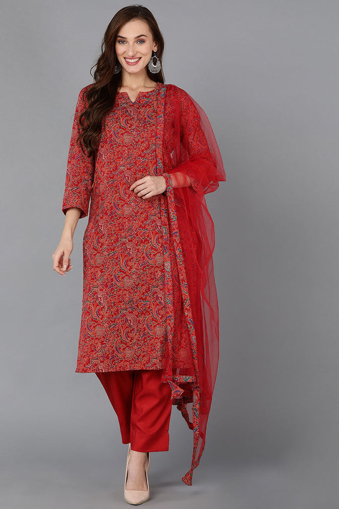 Red Pure Cotton Floral Straight Kurta Pant With Dupatta