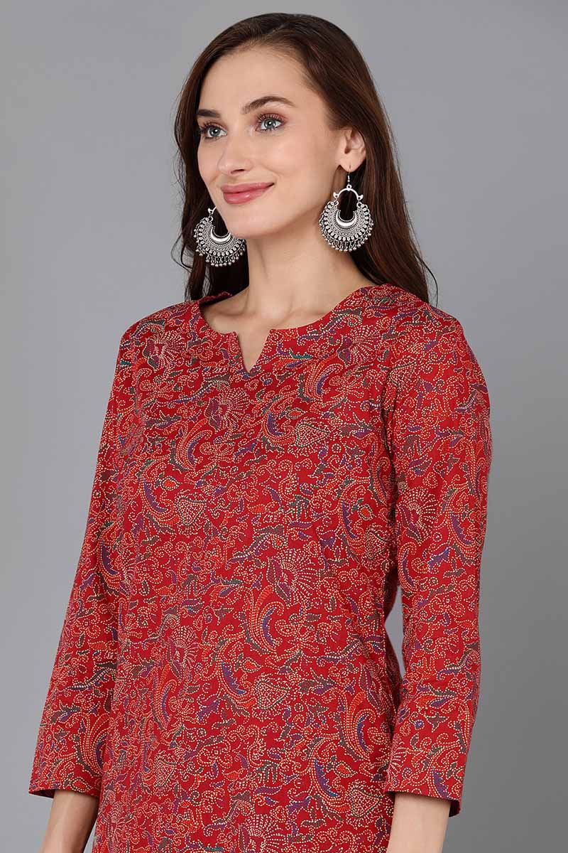 Red Pure Cotton Floral Straight Kurta Pant With Dupatta