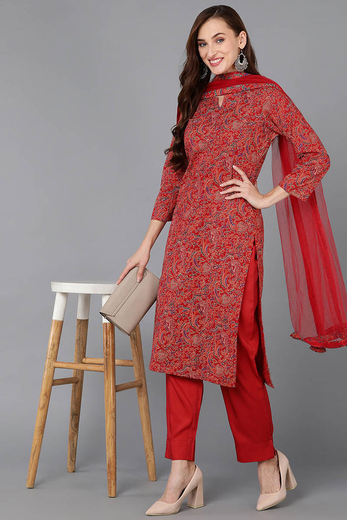 Red Pure Cotton Floral Straight Kurta Pant With Dupatta