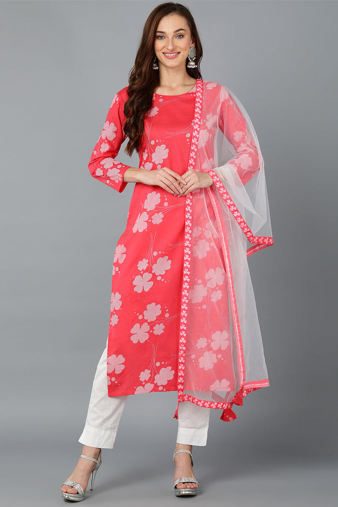 Pink Rayon Blend Printed Kurta Pant With Dupatta VKSKD1741