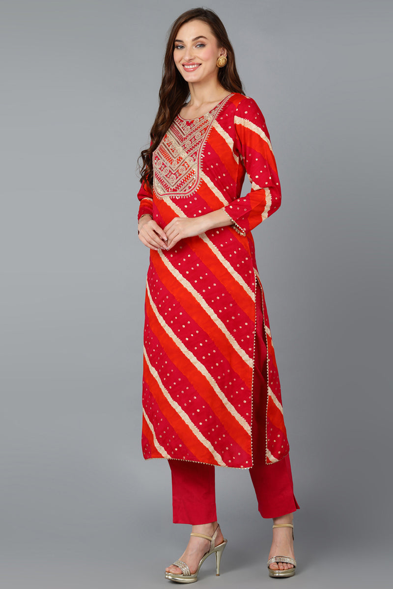 Pink Viscose Rayon Embroidered Leheriya Printed Kurta Pant With Dupatta VKSKD1752