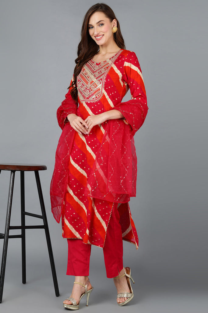 Pink Viscose Rayon Embroidered Leheriya Printed Kurta Pant With Dupatta VKSKD1752