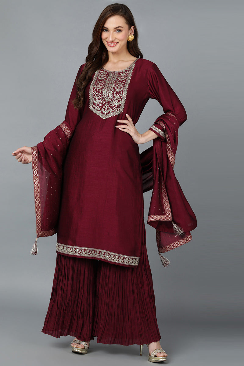 Maroon Silk Blend Yoke Design Kurti Sharara With Dupatta VKSKD1753