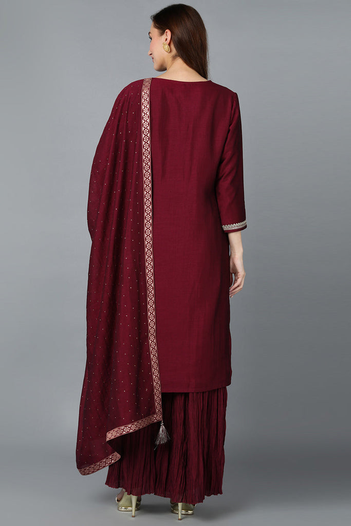 Maroon Silk Blend Yoke Design Kurti Sharara With Dupatta VKSKD1753