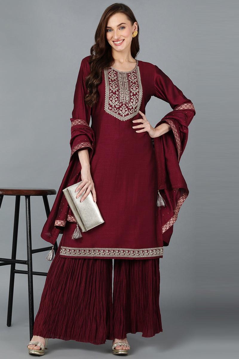 Maroon Silk Blend Yoke Design Kurti Sharara With Dupatta VKSKD1753