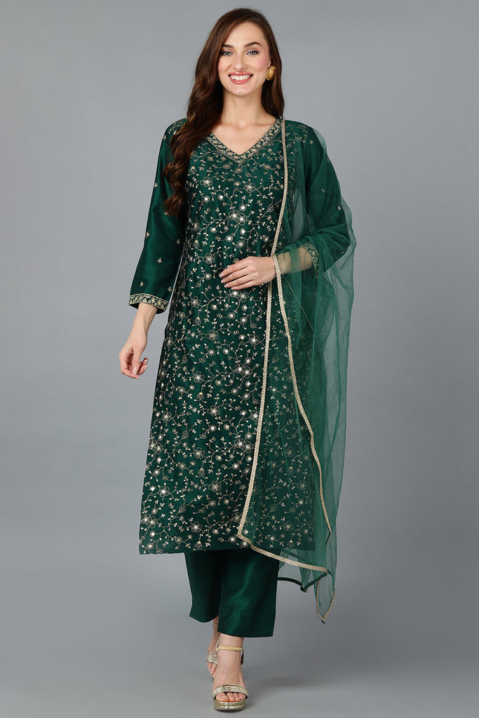 Green Silk Blend Embroidered Kurta Pant With Dupatta VKSKD1754