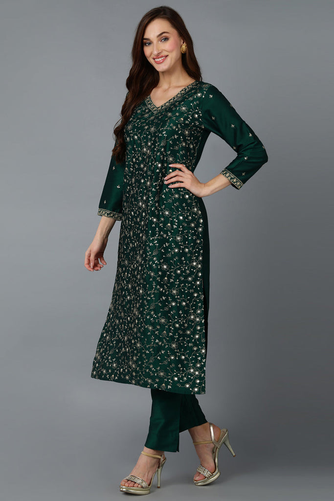 Green Silk Blend Embroidered Kurta Pant With Dupatta VKSKD1754