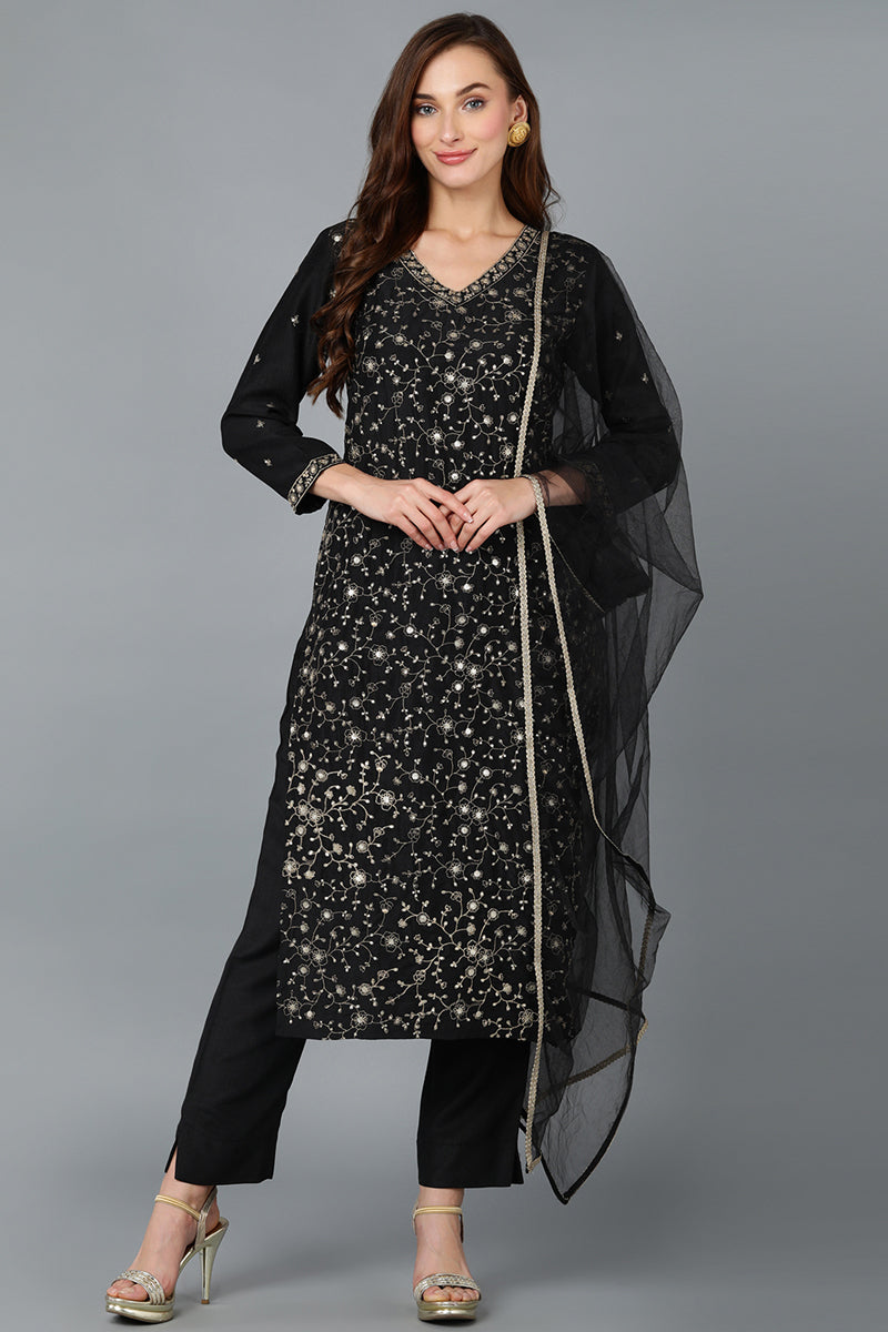 Black Silk Blend Embroidered Kurta Pant With Dupatta VKSKD1755