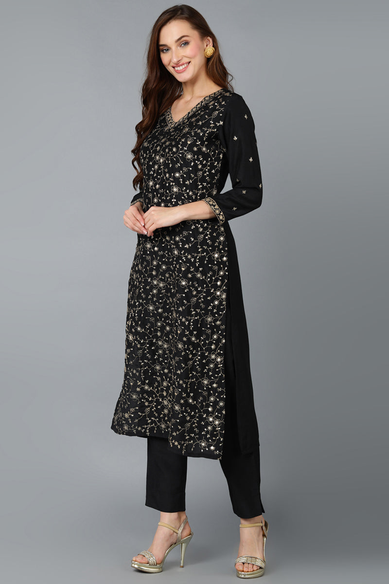 Black Silk Blend Embroidered Kurta Pant With Dupatta VKSKD1755