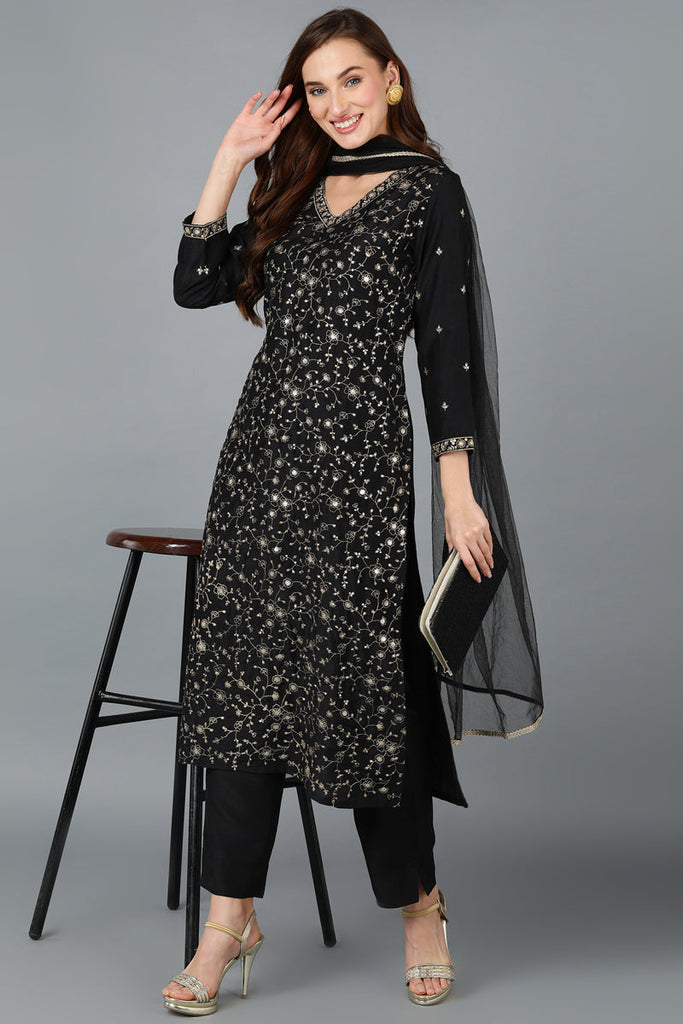 Black Silk Blend Embroidered Kurta Pant With Dupatta VKSKD1755