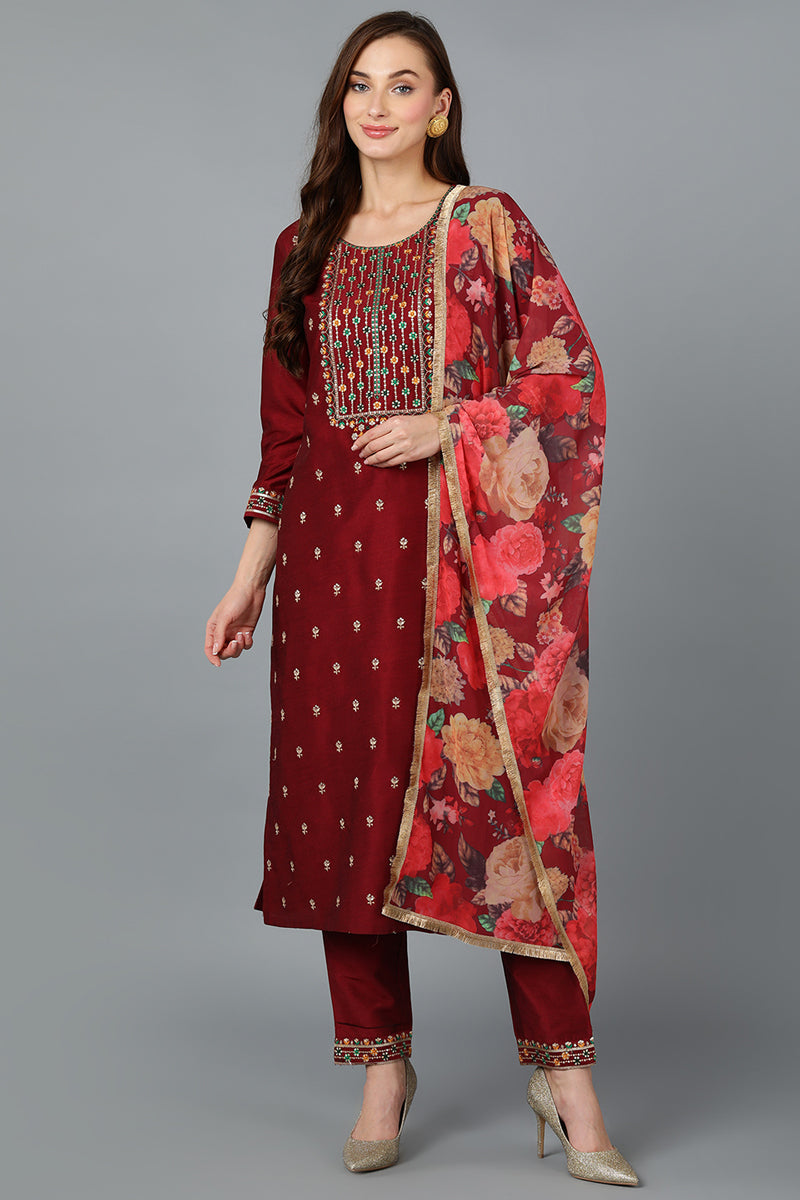 Maroon Silk Blend Embroidered Kurta Pant With Dupatta VKSKD1757