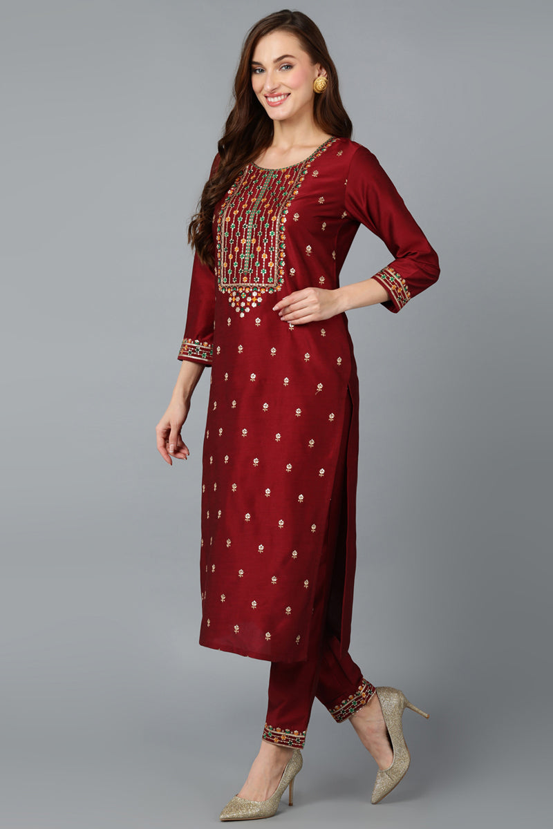 Maroon Silk Blend Embroidered Kurta Pant With Dupatta VKSKD1757