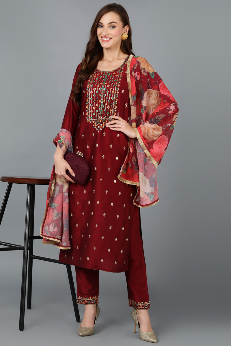 Maroon Silk Blend Embroidered Kurta Pant With Dupatta VKSKD1757