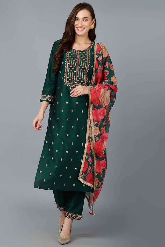 Green Silk Blend Embroidered Kurta Pant With Dupatta VKSKD1758