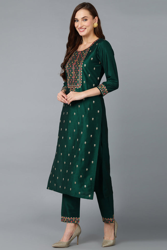 Green Silk Blend Embroidered Kurta Pant With Dupatta VKSKD1758