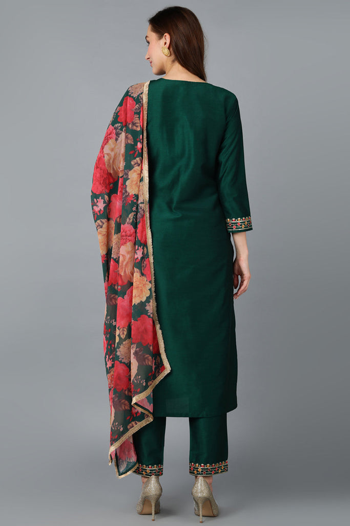 Green Silk Blend Embroidered Kurta Pant With Dupatta VKSKD1758