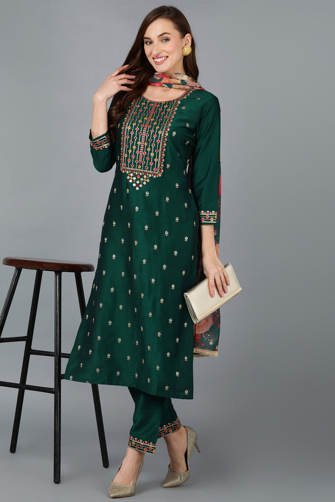 Green Silk Blend Embroidered Kurta Pant With Dupatta VKSKD1758