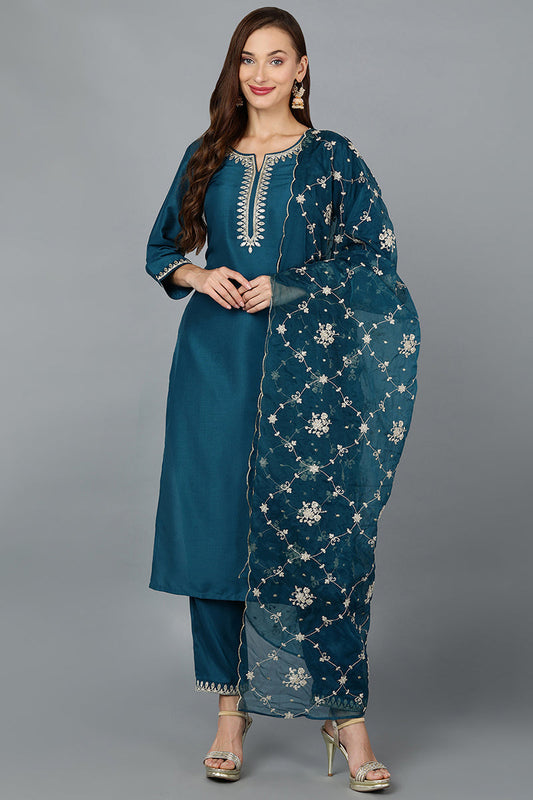 Blue Silk Blend Straight Kurta Pant With Dupatta VKSKD1768