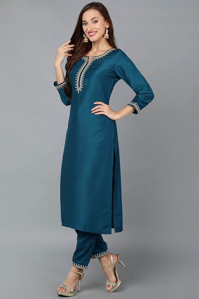 Blue Silk Blend Straight Kurta Pant With Dupatta VKSKD1768