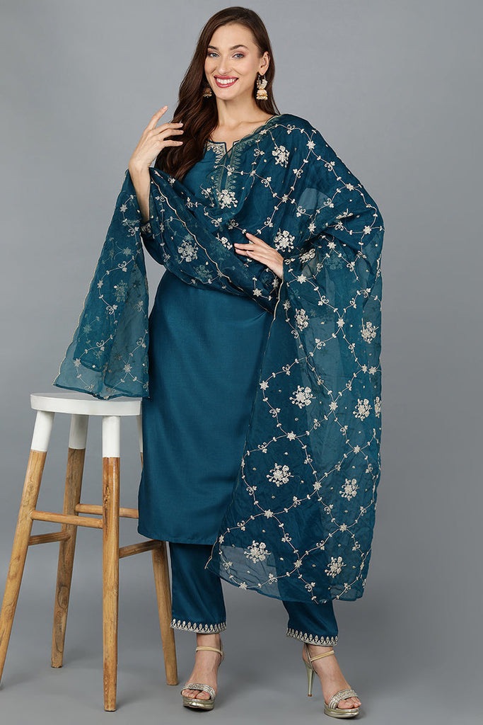 Blue Silk Blend Straight Kurta Pant With Dupatta VKSKD1768