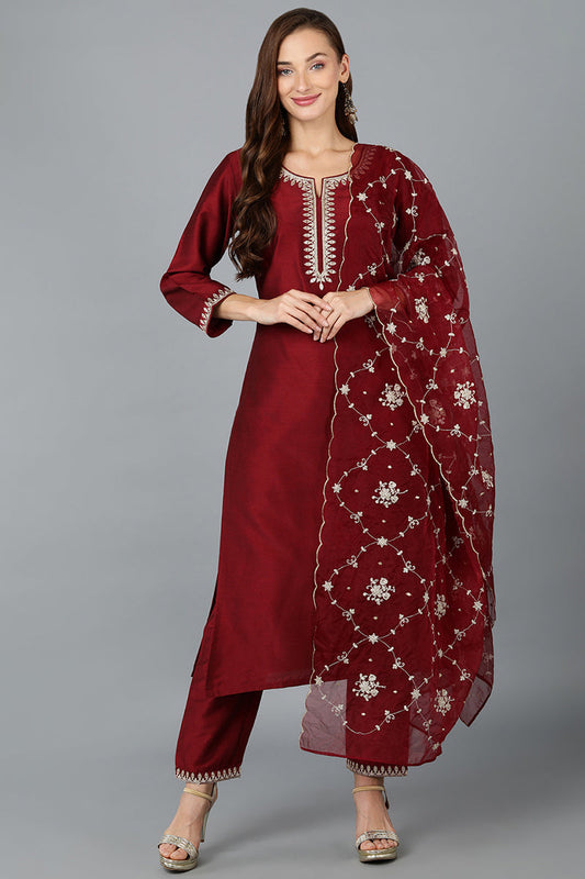 Maroon Silk Blend Straight Kurta Pant With Dupatta VKSKD1772