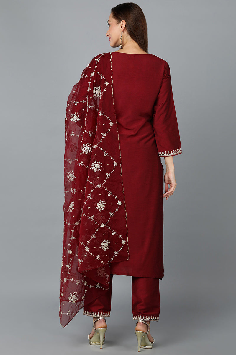 Maroon Silk Blend Straight Kurta Pant With Dupatta VKSKD1772