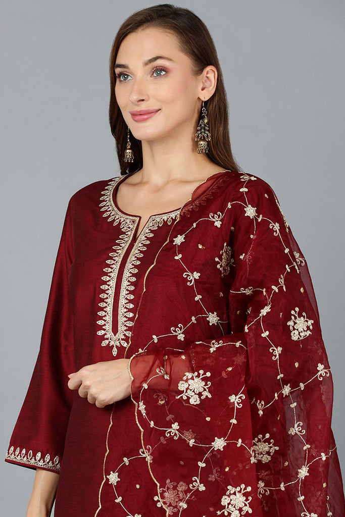 Maroon Silk Blend Straight Kurta Pant With Dupatta VKSKD1772