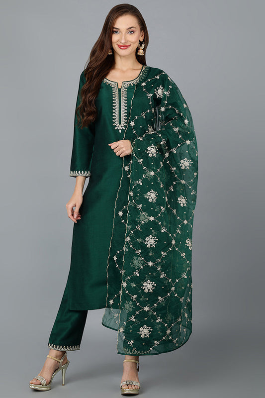 Green Silk Blend Straight Kurta Pant With Dupatta VKSKD1773