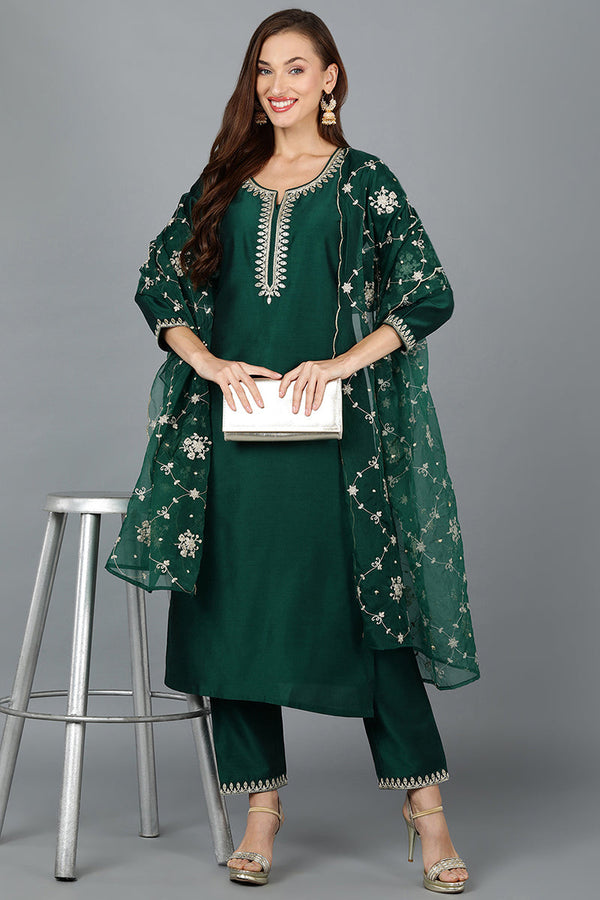 Green Silk Blend Straight Kurta Pant With Dupatta VKSKD1773