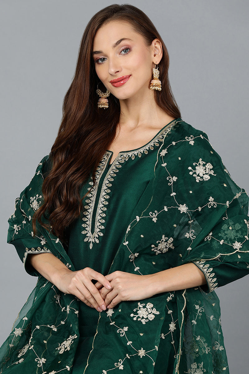 Green Silk Blend Straight Kurta Pant With Dupatta VKSKD1773