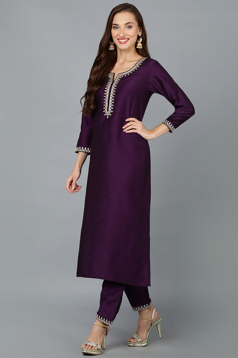 Purple Silk Blend Straight Kurta Pant With Dupatta VKSKD1774