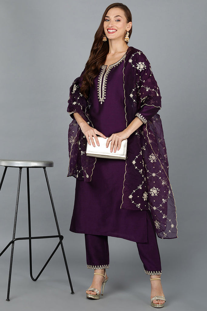 Purple Silk Blend Straight Kurta Pant With Dupatta VKSKD1774