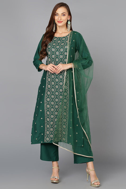 Dark Green Silk Blend Embroidered Party wear Suit Set VKSKD1783